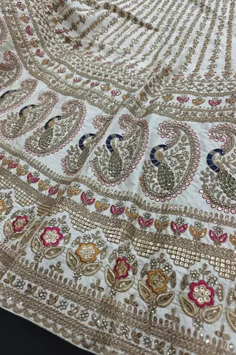 Cream Colour Bridal Wear Silk Lehenga Choli and Dupatta