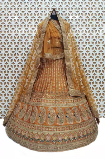Rust Orange Colour Bridal Wear Silk lehenga choli and dupatta