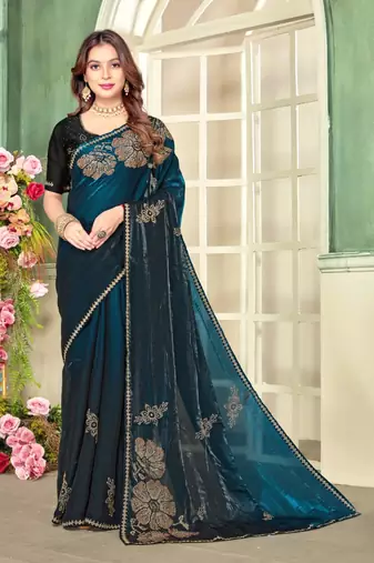 Rama blue color handwork zircon work fendi satin two tone saree