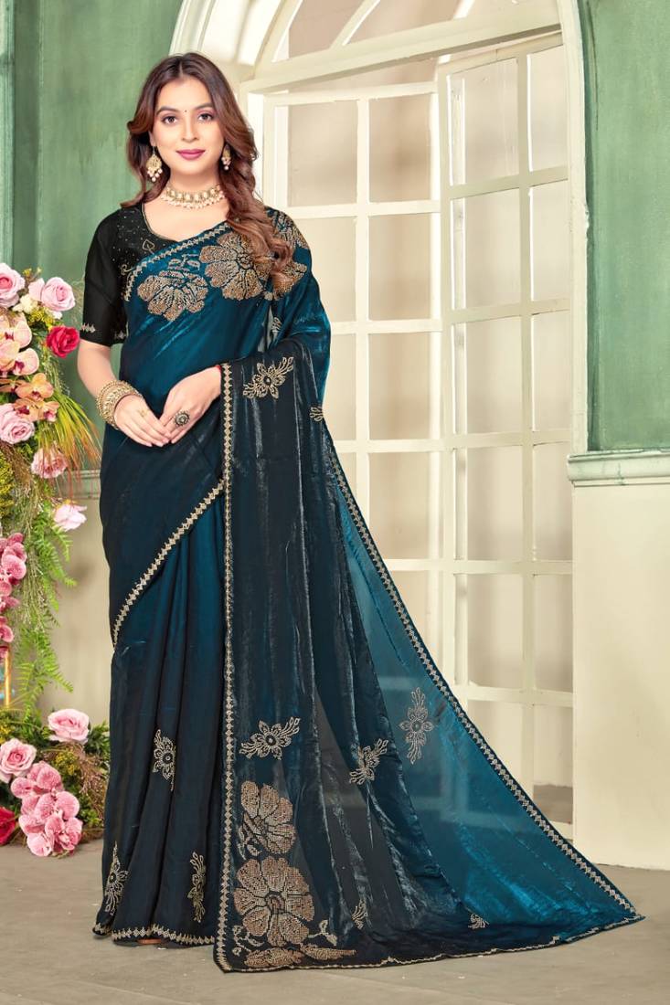 Rama blue color handwork zircon work fendi satin two tone saree