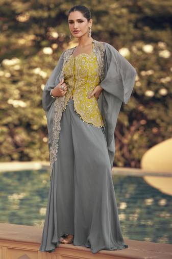 Women indo western wedding palazzo suit with embroidered jacket