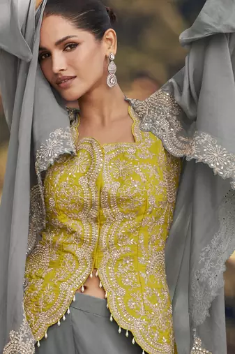 women indo western wedding palazzo suit with embroidered jacket