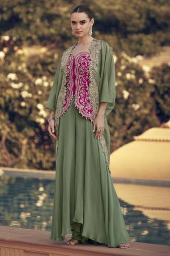 Green chinon with sequins Indo western jacket style palazzo suit