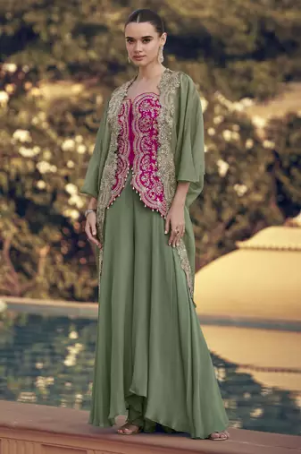Green chinon with sequins Indo western jacket style palazzo suit