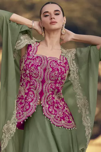 green chinon with sequins indo western jacket style palazzo suit