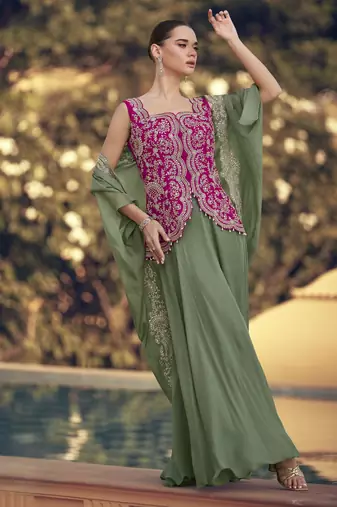 green chinon with sequins indo western jacket style palazzo suit