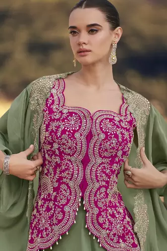 green chinon with sequins indo western jacket style palazzo suit