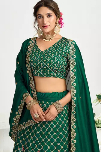 Green Silk Embroidered Lehenga Choli