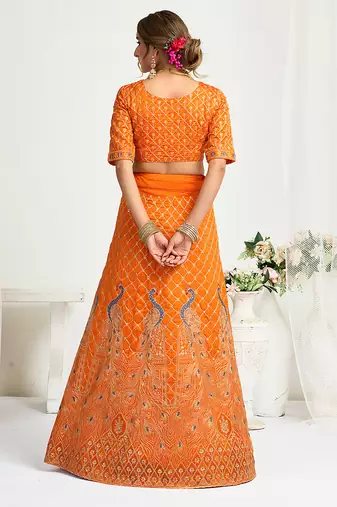 Orange Silk Embroidered Lehenga Choli