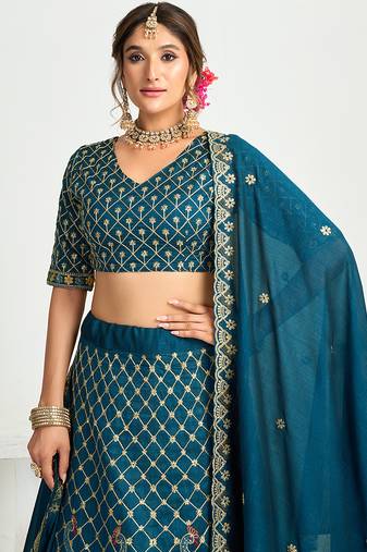 Navy Blue Silk Embroidered Lehenga Choli