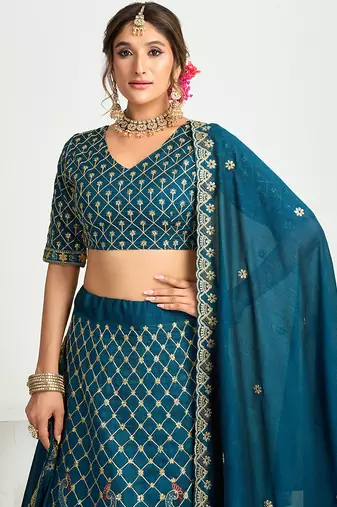 Navy Blue Silk Embroidered Lehenga Choli