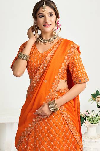 Orange Silk Embroidered Lehenga Choli