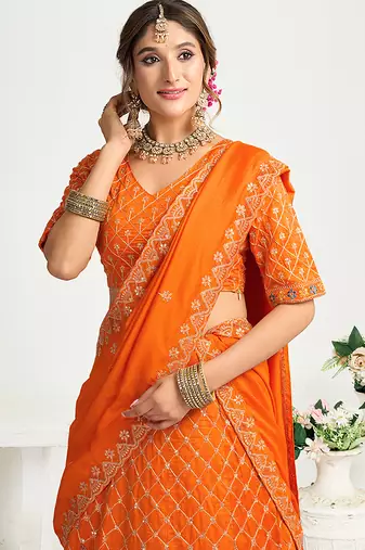 Orange Silk Embroidered Lehenga Choli