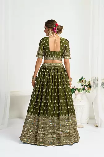 Mehendi Green Silk Embroidered Lehenga Choli
