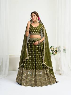 Mehendi Green Silk Embroidered Lehenga Choli 1