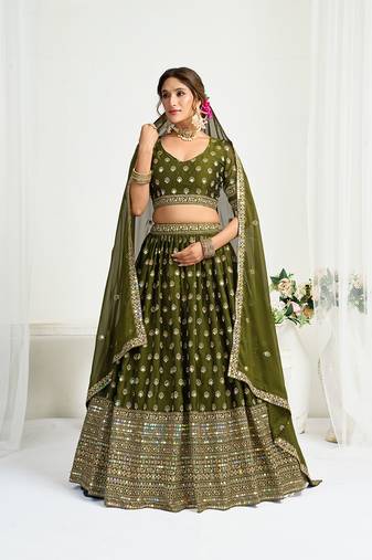 Mehendi Green Silk Embroidered Lehenga Choli