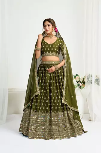 Mehendi Green Silk Embroidered Lehenga Choli