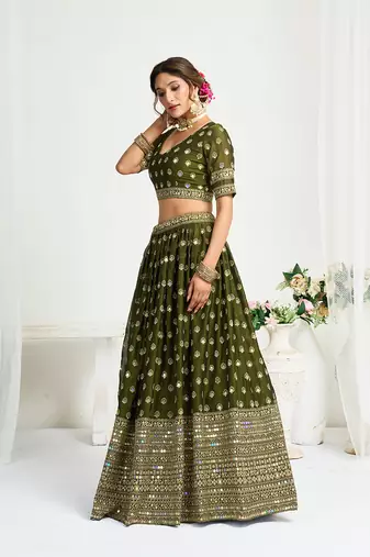 Mehendi Green Silk Embroidered Lehenga Choli