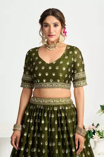 Mehendi Green Silk Embroidered Lehenga Choli