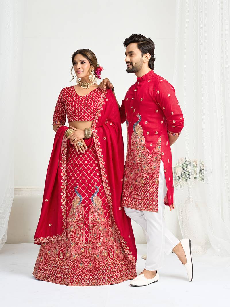 Pink embroidered lehenga & matching men's kurta set couple combo