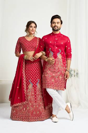 Pink embroidered lehenga & matching men's kurta set couple combo