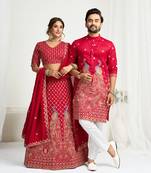 Pink embroidered lehenga & matching men's kurta set couple combo