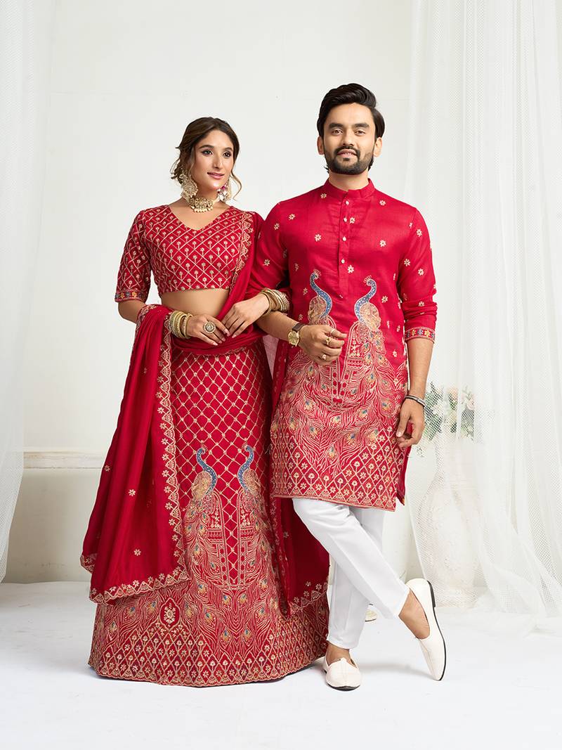 Pink embroidered lehenga & matching men's kurta set couple combo