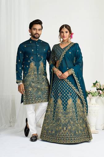 Navy blue embroidered lehenga & matching men's kurta set couple combo