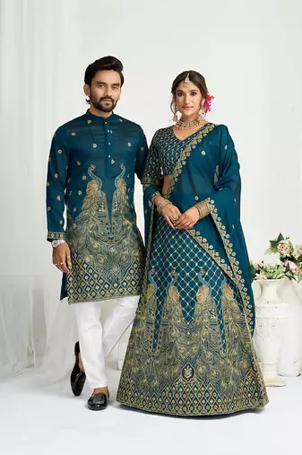 Navy blue embroidered lehenga & matching men's kurta set couple combo