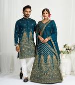 Navy blue embroidered lehenga & matching men's kurta set couple combo