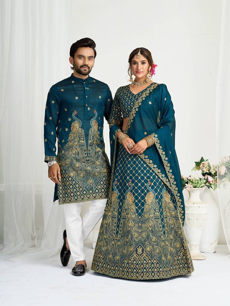 Navy blue embroidered lehenga & matching men's kurta set couple combo