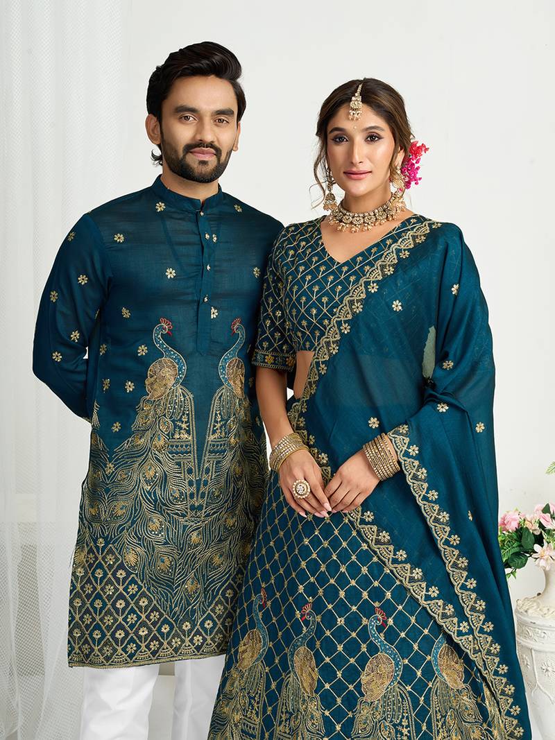 Navy blue embroidered lehenga & matching men's kurta set couple combo