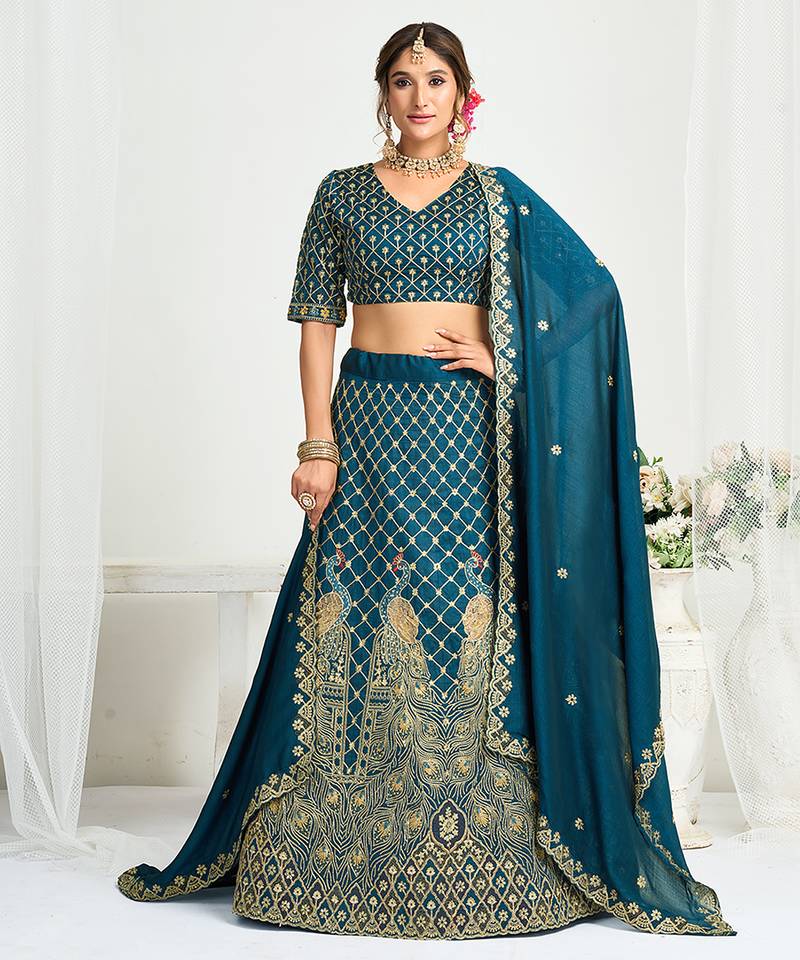 Navy blue embroidered lehenga & matching men's kurta set couple combo