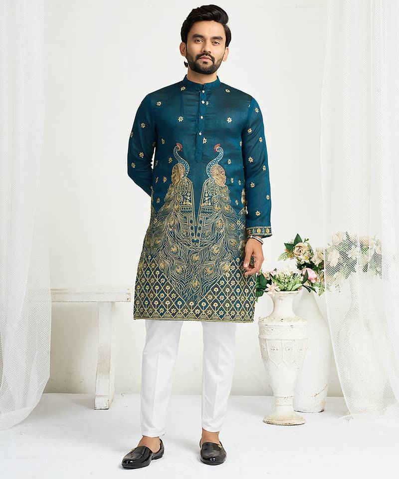 Navy blue embroidered lehenga & matching men's kurta set couple combo