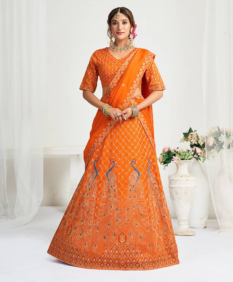 Orange embroidered lehenga & matching men's kurta set couple combo