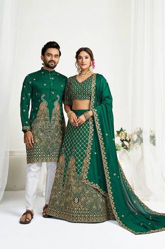 Green embroidered lehenga & matching men's kurta set couple combo