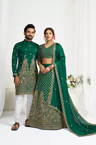 Green embroidered lehenga & matching men's kurta set couple combo