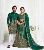 Green embroidered lehenga & matching men's kurta set couple combo