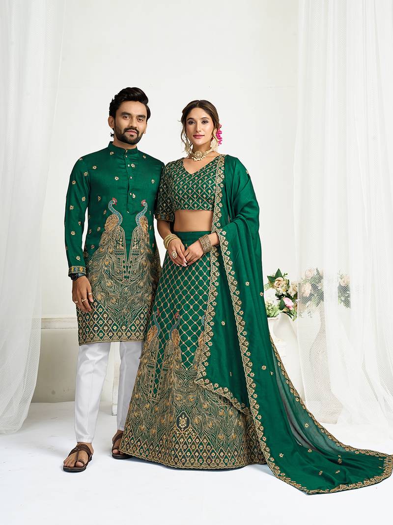 Green embroidered lehenga & matching men's kurta set couple combo