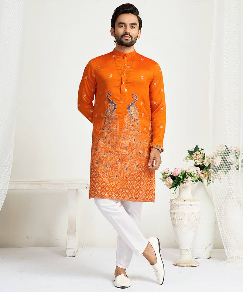 Orange embroidered lehenga & matching men's kurta set couple combo