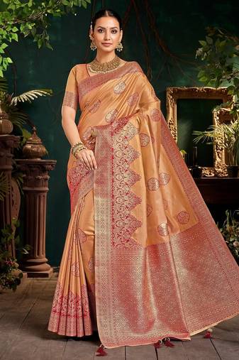 Luxury top dyed silk saree with rich weaving work & contrast border | elegant festive collection