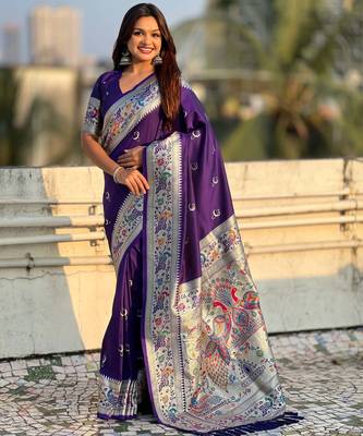 chandrakor paithani silk blend banarasi zari woven saree 1