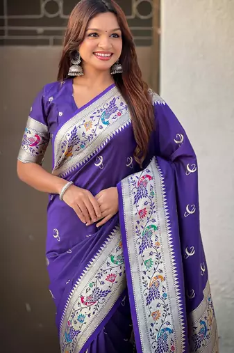 chandrakor paithani silk blend banarasi zari woven saree