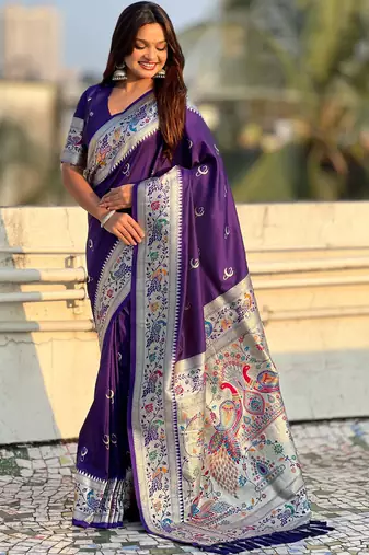 chandrakor paithani silk blend banarasi zari woven saree