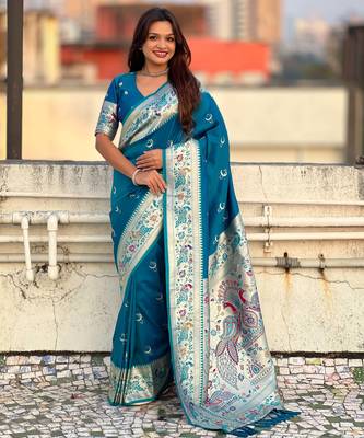 chandrakor paithani silk blend banarasi zari woven saree 1