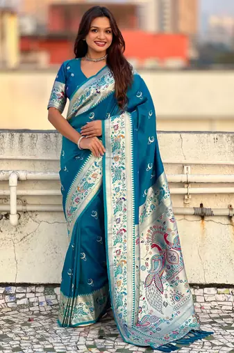 chandrakor paithani silk blend banarasi zari woven saree