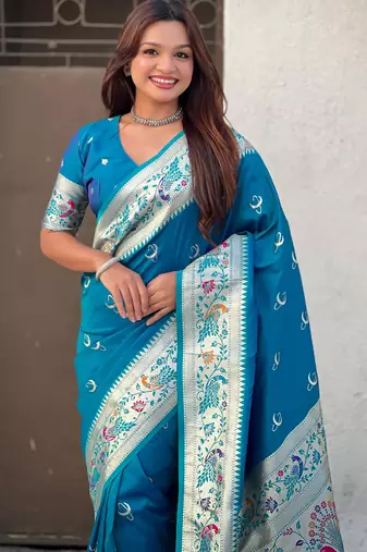 chandrakor paithani silk blend banarasi zari woven saree