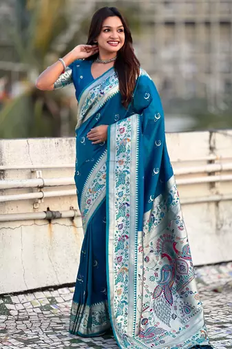 chandrakor paithani silk blend banarasi zari woven saree