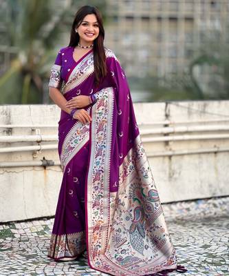 chandrakor paithani silk blend banarasi zari woven saree 1