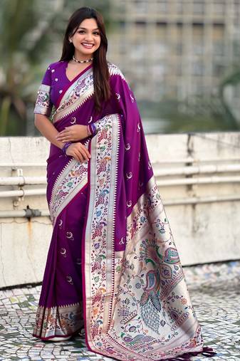 chandrakor paithani silk blend banarasi zari woven saree